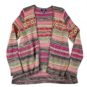 Chaps Denim Southwestern Aztec Knit Open Front Cardigan Sweater Cotton Linen M